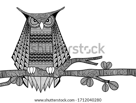 Vector illustration of cute owl in doodle line art. Can be used as a template for your card design, coloring book, invitation, poster, apparel print.