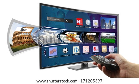 Smart tv with apps and hand holding remote control
