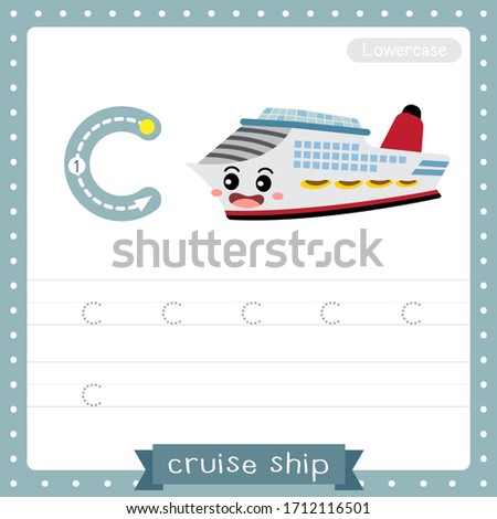 Letter C lowercase cute children colorful transportations ABC alphabet tracing practice worksheet of Cruise Ship for kids learning English vocabulary and handwriting Vector Illustration.