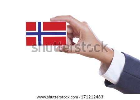 Businessman holding a business card with a Norway Flag