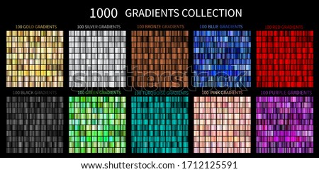 Gradients Vector Megaset Big collection of metallic gradients 1000 glossy colors backgrounds Gold, bronze, silver, chrome, metal, black, red, green, blue, purple, pink, yellow, gold turquoise colors Royalty-Free Stock Photo #1712125591
