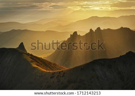 Mountain landscape in the golden rays of the sun. Crimea.