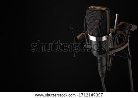 Black Condenser Microphone in Shock Mount on Right with Negative Space for Type