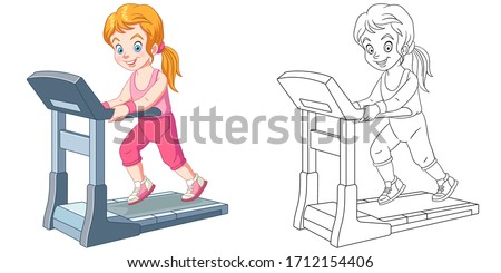 Cute girl running on treadmill in a sport club. Coloring page and colorful clipart character. Cartoon design for t shirt print, icon, logo, label, patch or sticker. Vector illustration.