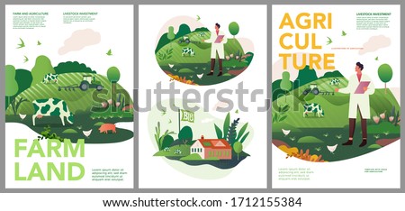 Vector set of spring and summer posters. Investments in animal husbandry, technologies and agribusiness development. Illustrations of farms and objects agronomy for a poster, banner, or postcard. Royalty-Free Stock Photo #1712155384