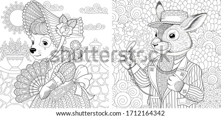 Two coloring pages with animals in vintage clothes. Dog girl and bunny man. Line art engraving design for adult or kids colouring book in zentangle style. Vector illustration set. Royalty-Free Stock Photo #1712164342