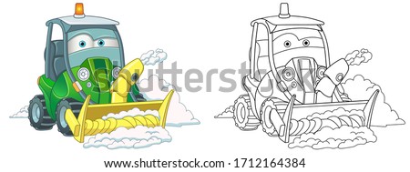 Cute snow plow truck. Coloring page and colorful clipart character. Cartoon design for t shirt print, icon, logo, label, patch or sticker. Vector illustration.