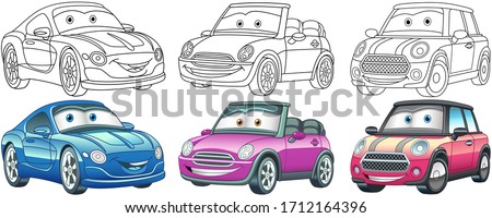 Cute cartoon cars. Coloring and colorful clipart characters. Childish designs for t shirt print, icon, logo, label, patch or sticker. Vector illustration.