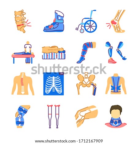 Orthopedics flat color icons set. Rehabilitation after injuries. Musculoskeletal system treatment. Mobility aid concept. Sign for web page, mobile app. Vector isolated button.