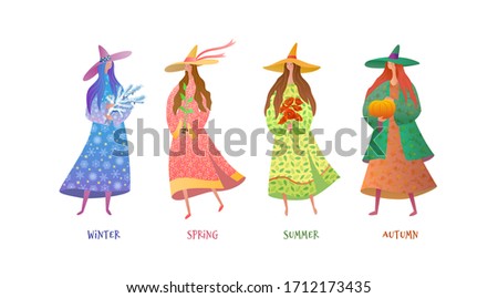 Set of four Fairies for every season:winter, spring, summer, autumn.
Cartoon vector colorful isolated illustration with texture. 