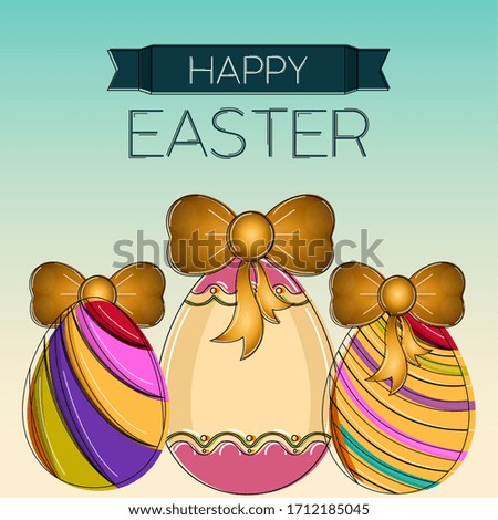 Happy easter poster. Decorated easter eggs with golden ribbons - Vector