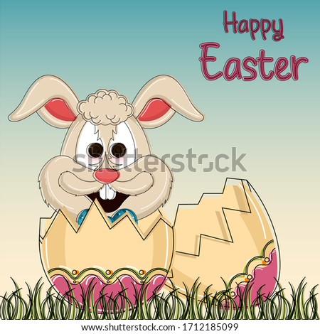 Happy easter poster. Cute easter bunny cartonn in a broken decorated easter egg - Vector