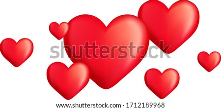 Hearts, realistic render, red symbol of love, vector, romantic valentine graphic, cover page design, horizontal layout