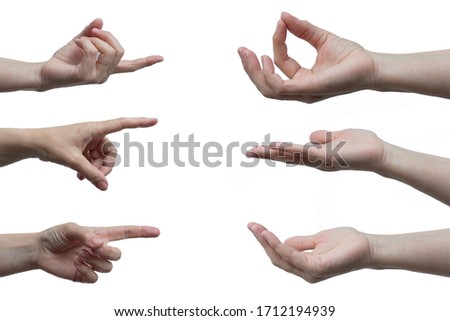 Collection of mature hands showing different gestures isolated on white background.