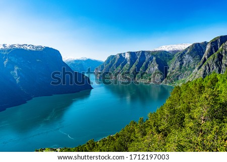 Norway Sognefjord at summer. Sunny day, landscape with mountain, fjord, forest Royalty-Free Stock Photo #1712197003