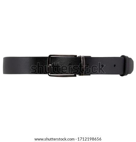 man genuine leather black belt, classic metal buckle, isolated on white background, stock photography