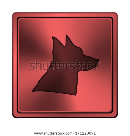 Square metallic icon with carved design on red background