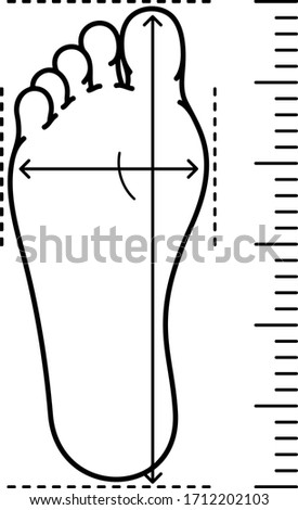 Foot size measurement for shoes. Illustration for dimension chart. Vector outline icon.