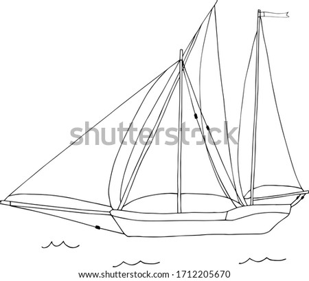 Two-masted sailing ship coloring. Black and white vector hand draw illustration EPS10