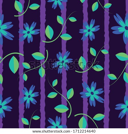 Seamless striped floral pattern flowers and green leaves repeat endless background cover texture for textile, clothing, wrapping paper, carpets, curtains, wallpapers, fashion fabric prints
