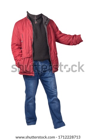 red jacket, black sweater and blue jeans isolated on white background. casual fashion clothes