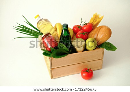 Food supplies crisis food stock for quarantine isolation period on white background. Food delivery, Donation, coronavirus quarantine. Copyspace.
