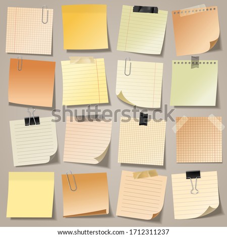 Realistic blank sticky notes with clip binder and adhesive tape. Colored sheets of note papers. Paper reminder. Vector illustration.