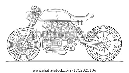 Adult motorcycle coloring page for book and drawing. Cafe style. Race. Moto vector illustration. High speed drive vehicle. Graphic element. Black contour sketch illustrate Isolated on white background