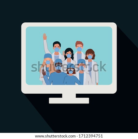 Men and women doctors with uniforms masks and glasses inside computer design of Medical aid exam clinic and patient theme Vector illustration