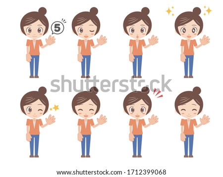 Illustrations of women doing the number five hand sign with their left hand.
A set of various facial expressions.
A version dressed in orange.