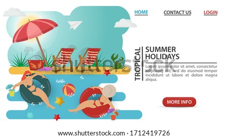 web page design concept, summer vacation, two girls in swimsuits swimming on inflatable circles, on a sandy beach, flat vector illustration cartoon