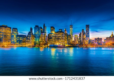 Downtown New York skyline from cross the Brooklyn bridge -Dumbo area.  
