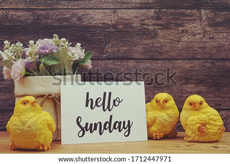 Hello Sunday Card with Blooming flower on wooden background