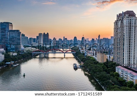 Aerial photo of sunrise of Pearl River in Guangzhou