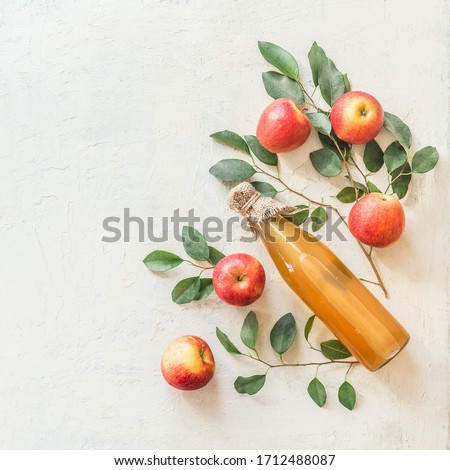 Homemade apple cider vinegar or juice in glass bottle with ingredients: fresh organic garden apples with bunches and leaves on white table background. Top view. Flat lay. Border. Frame. Copy space Royalty-Free Stock Photo #1712488087