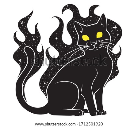 Black Witch's Cat with luminous eyes. Perfect Halloween background, tattoo art, boho design, occult. Ideal for printing, posters, t-shirts, textiles. Magic fire. Space. Grammar. Vector illustration. 