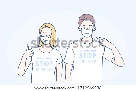 Cheerful man and woman in volunteers t-shirt, they pointing index finger on sterile face mask. Infection control concept. Hand drawn in thin line style, vector illustrations.(A Mask can be removable) Royalty-Free Stock Photo #1712566936