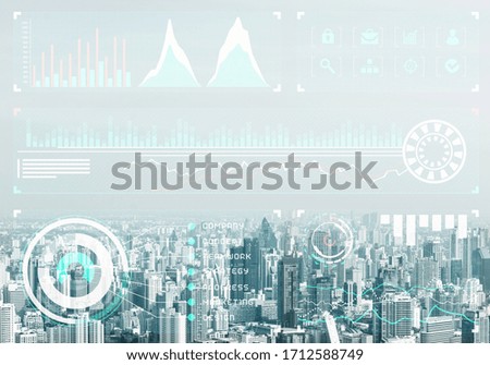 Abstract business charts on background of financial district of megapolis city. Digital economy and trading. Investment management and strategy planning. Financial infographics and data visualization