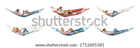 Collage with man resting in different hammocks on white background. Banner design