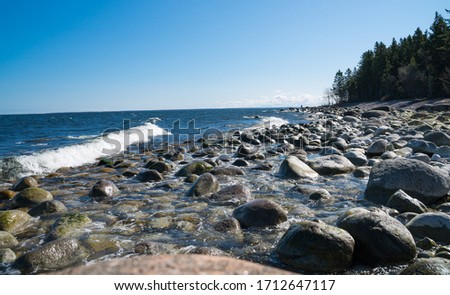 Picture of Baltic sea. Nice amazing sunny day. Wet slippery stones on the beach. Lots of boulders and rocks at the beach. Small waves hitting the shore. Ocean. Good fishing spot on Juminda Peninsula