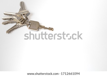 keys on white background. Six keys and ring are metal isolated on white background 