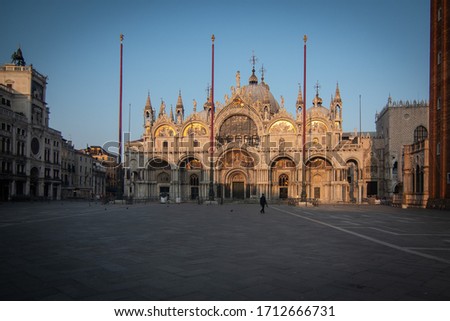 VENICE, ITALY - APRIL 2020: An empty St. Mark square is seen during the national lockdown for Covid-19 pandemic.


