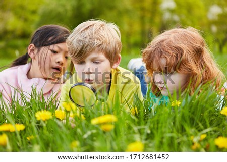 Boy and two girls discover nature and the environment with a magnifying glass Royalty-Free Stock Photo #1712681452