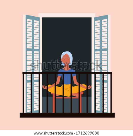 Concept of social isolation during the coronavirus pandemic. The girl is doing yoga on the balcony. Stay at home in quarantine. Flat vector illustration. EPS10.