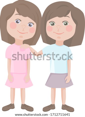 Image of two female children in pink and blue dresses with a hairstyle, who are standing and hugging. two twin sisters hug each other.
stock isolated illustration on white background 