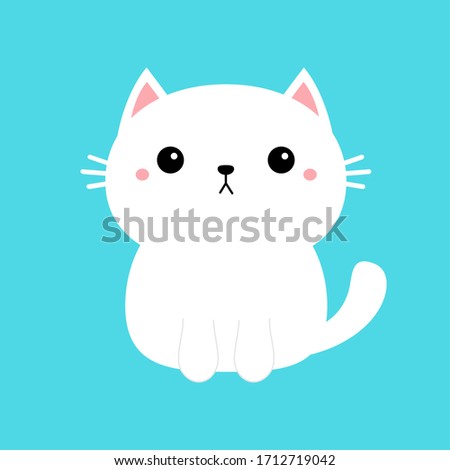 White cat kitten kitty icon. Cute kawaii cartoon character. Funny sad face. Happy Valentines Day. Pink cheeks. Baby greeting card tshirt template. Blue background. Isolated. Flat design