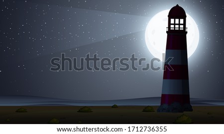Silhouette scene wtih lighthouse at night time illustration