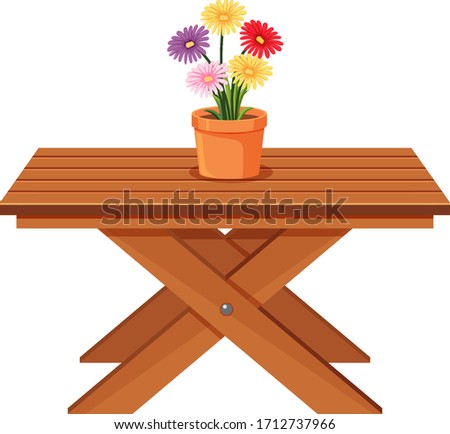 Flowers on wooden table on white background illustration