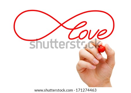 Hand sketching Infinity Love symbol with red marker on transparent wipe board. Concept about finding the endless love.