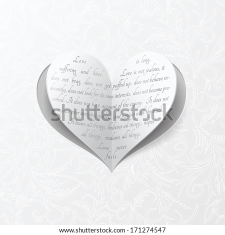  heart clipped from the paper with Bible quote about true love